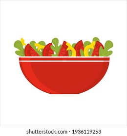 Bowl with fresh vegetable salad of arugula, tomatoes slices and yellow sweet pepper. Raw vegan meal. Healthy vegetarian dish. Detox recipe. Mediterranean cuisine. Isolated flat vector illustration.