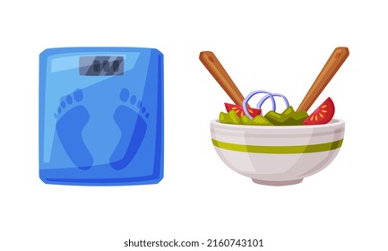 Bowl of fresh vegetable salad and floor scales. Healthy diet concept vector illustration