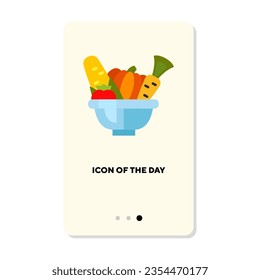 Bowl of fresh vegetables flat icon. Vertical sign or vector illustration of organic seasonal products or ingredients element. Food, health, farming, seasons for web design and apps