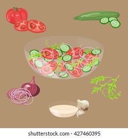 Bowl with fresh vegetables salad. Tomato, cucumber, onion, garlic, arugula. Vector illustration. EPS10.