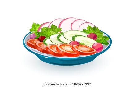 Bowl with fresh veggies, slices of tomatoes, cucumbers, lettuce and radish. Vector vegetarian meal portion, healthy, vitaminized and organic breakfast idea isolated on white background