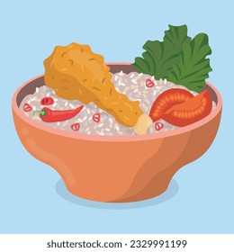 bowl with fried rice, chicken. pepper, salad leaves and fresh tomatoes