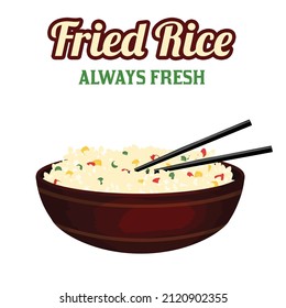 Bowl of fried rice with chopsticks on white background, vector illustration