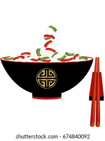 Bowl of fried rice with red and green peppers