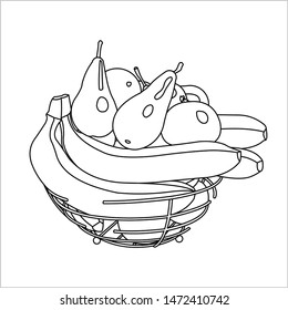 A Bowl of Fruit. A Lot Of Different Fruits. Banana, Pear, Orange, Mandarin, Apple. For children's Coloring Book. Vector Image on a white background.