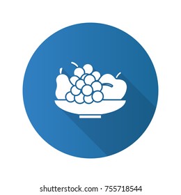 Bowl with fruit flat design long shadow glyph icon. Still life. Pear, apple, bunch of grapes. Vector silhouette illustration