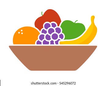 Bowl Of Fruit / Fruits With Orange, Banana, Grapes And Apples Flat Vector Colorful Icon For Apps And Websites