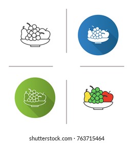 Bowl With Fruit Icon. Flat Design, Linear And Color Styles. Harvest. Pear, Apple, Bunch Of Grapes. Still Life. Isolated Vector Illustrations