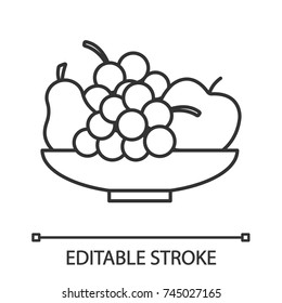 Bowl With Fruit Linear Icon. Harvest. Pear, Apple, Bunch Of Grapes. Thin Line Illustration. Still Life. Contour Symbol. Vector Isolated Outline Drawing. Editable Stroke