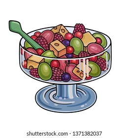 Bowl of fruit salad hand drawn vector doodles illustration. Fruits, berries, sweets elements and objects cartoon background. Bright colors funny picture