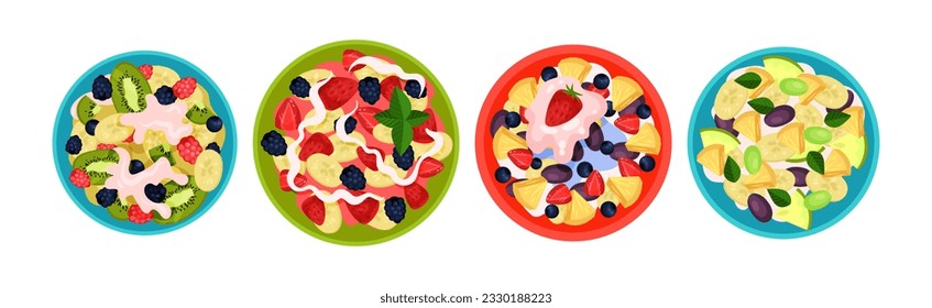 Bowl of Fruit Salad as Meal for Lunch Vector Set