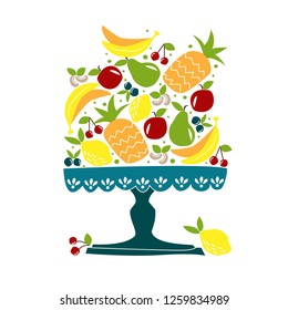 Bowl of fruit.  Vector illustration of fruits, fresh, vegan, organic. Hand drawn labels and sticker design. EPS 10