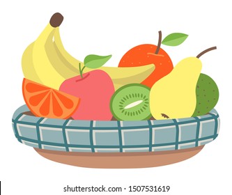 Bowl with fruits, isolated plate with meal for vegetarians. Organic products, banana and kiwi, apple and pear, fresh ripe ingredients in container. Vector illustration in flat cartoon style