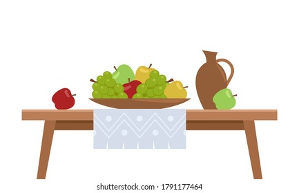 Bowl with fruits on the table, apples, grape, wine jug isolated on white. Vector illustration in flat style