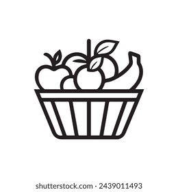 Bowl of fruits with orange, banana,  and apples line vector art icon for apps and websites