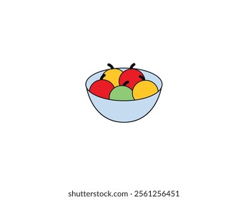 Bowl of fruits vector icon. Pear and apple, fruit portion outlined symbol. Fresh fruits in a sky blue bowl isolated on white background. Healthy eating concept. Vector illustration in flat design.