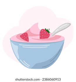 A bowl of fruity strawberry yogurt. Dairy food. Dessert. Vector illustration. Nutrition concept. Kitchen image. Illustration for a cookbook.