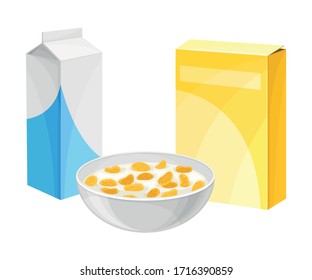 Bowl Full of Breakfast Corn Flakes with Milk and Carton Packages Rested Nearby Vector Illustration