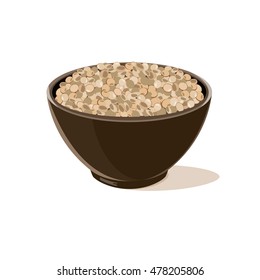 Bowl full of brown lentils. Vector illustration.