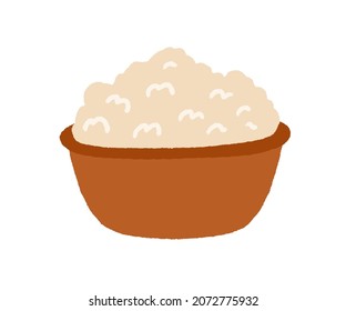 Bowl full of curd. Fresh cottage cheese on plate. Healthy sour dairy product. Food from milk drawn in doodle style. Colored flat vector illustration isolated on white background