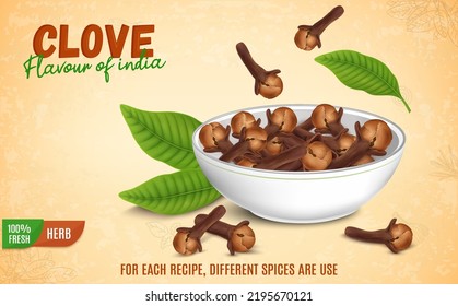 A Bowl Full of Dired cloves vector illustration with green leaves isolated on brown background