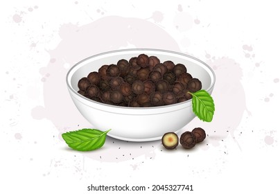 A bowl full of dried black pepper seeds vector illustration isolated on white background