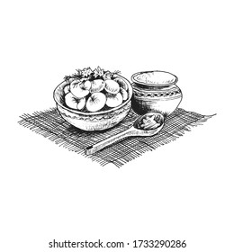 Bowl Full with Dumplings Served with Spoon and Sour Cream Vector Illustration. Linear Drawing with Traditional Russian Dish Made of Dough with Meat Stuffing