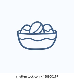 Bowl full of easter eggs vector sketch icon isolated on background. Hand drawn Bowl full of easter eggs icon. Bowl full of easter eggs sketch icon for infographic, website or app.