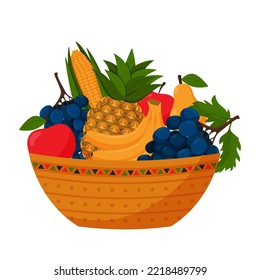 A bowl full of fruit. Pineapple, grapes, bananas, apples, pears and corn. Autumn harvest, vegetarian, farm products. Color vector illustration in cartoon style. Isolated on a white background