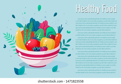 Bowl full of vegetables, fruits and berries vector illustration. Healthy lifestyle concept. Healthy eating.