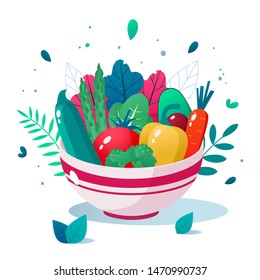 Bowl full of vegetables vector illustration. Healthy lifestyle concept. Healthy eating.