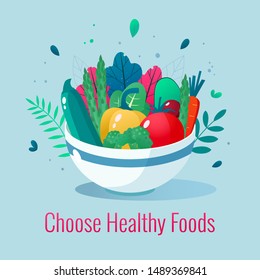 Bowl full of vegetables vector illustration. Healthy lifestyle concept. Healthy eating.