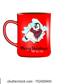 Bowl with funny cartoon penguin in a scarf. Merry Christmas and happy new year.