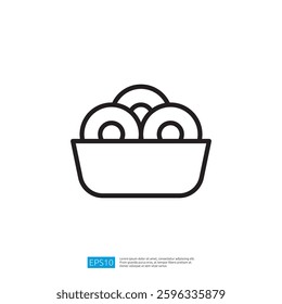 Bowl of Glazed Donuts Icon in Minimalist Outline Style on White Background for Food Illustration