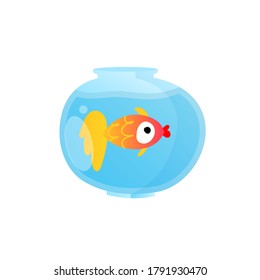 Bowl with goldfish in cartoon style on white. Aquarium with fish pet vector illustration.