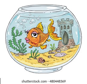 Bowl with Goldfish - Fish Tank - Cartoon Aquarium Illustration