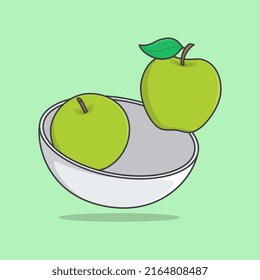 Bowl Of Green Apple Cartoon Vector Illustration. Apple Fruit Flat Icon Outline