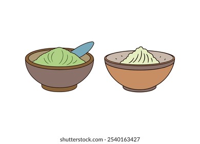 Bowl with green matcha powder and rice – perfect for kitchen and culinary designs, cartoon food-themed clipart