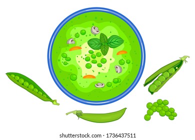 Bowl of the green peas soup isolated on white background. Tasty hot vegetable soup with vegetable and mushroom in plate and open pea pods near. Summer cream soup top view. Stock vector illustration