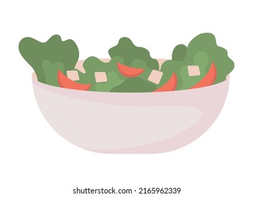 Bowl with green veggies and cheese semi flat color vector object. Greek salad. Editable element. Full sized item on white. Simple cartoon style illustration for web graphic design and animation