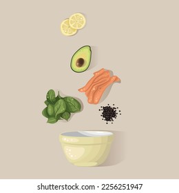 Bowl with greens, avocado and salmon