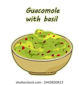 Bowl of guacamole with bacon. Bacon guacamole sticker, hand drawn, vector illustration in doodle style.