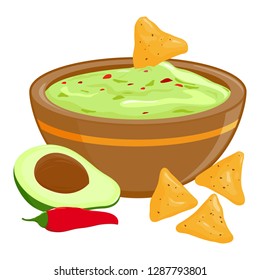 Bowl of guacamole dip, avocado, red chili pepper and nachos. Vector illustration