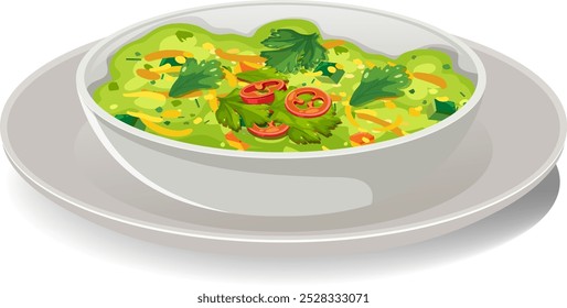 Bowl of guacamole with garnishes on plate