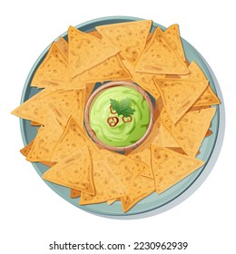 Bowl with guacamole and nachos. Mexican national food. Delicious crispy corn chips with avocado sauce. Vector illustration isolated background