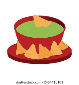 Bowl with guacamole and nachos. Traditional Mexican food. Hand drawn vector illustration. Suitable for website, stickers, postcards, menu.