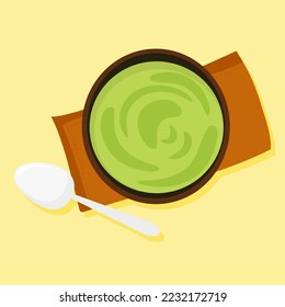 Bowl with guacamole standing on kitchen towel with metallic spoon. Mexican food with avocado and tortilla chips and nachos. Vector illustration