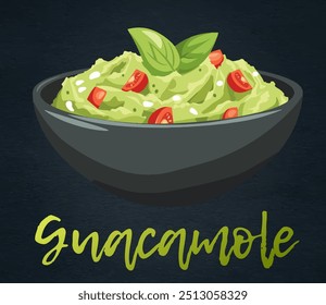 Uma tigela de guacamole com tomates e manjericão em um ícone preto de fundo cartoon vetor. requintado guacamole prato maravilhosamente arranjado com tomates frescos e manjericão em uma travessa preta elegante