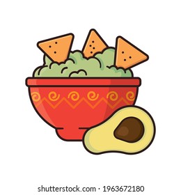 Bowl of Guacamole with tortilla chips and half Avocado isolated vector illustration for Guacamole Day on September 16.