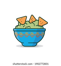 Tazón de Guacamole con chips de tortilla aislados ilustración vectorial